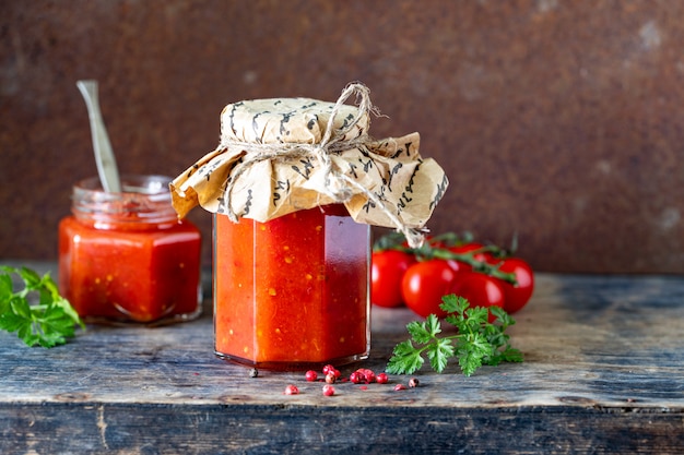 Tomatensaus in een glazen pot en ingrediënten