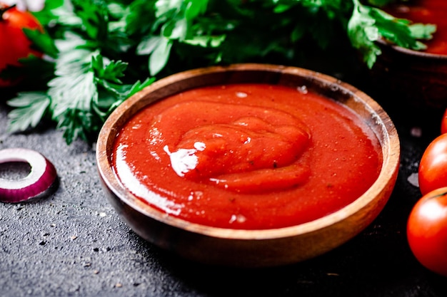 Tomatensaus in een houten bord met uienringen en kruiden