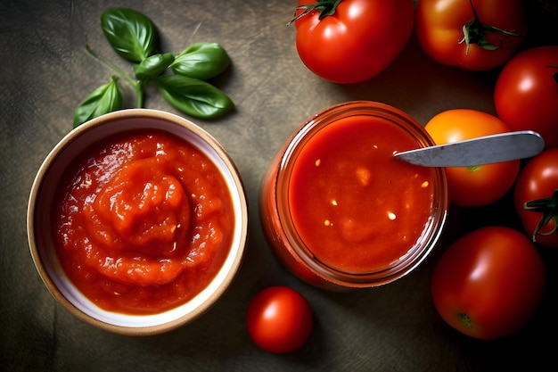 Tomatensaus in een schaal en een glazen pot