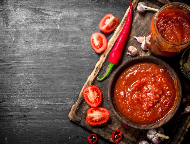 Tomatensaus met knoflook en hete pepers aan boord op zwart bord.