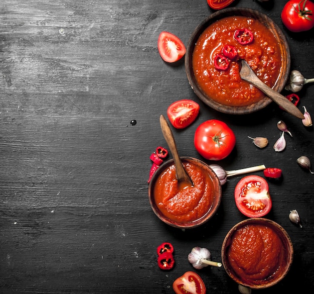 Tomatensaus met knoflook in houten kommen. Op zwart bord.