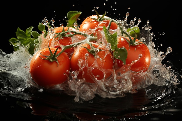 Foto tomatensnijden met mes en waterdruppels en spetteringen op zwarte achtergrond