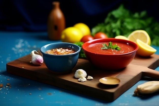 Tomatensoep in een blauwe kom lepel op houten dienblad knoflook zout en citroen een bos groen op gemengde kleuren