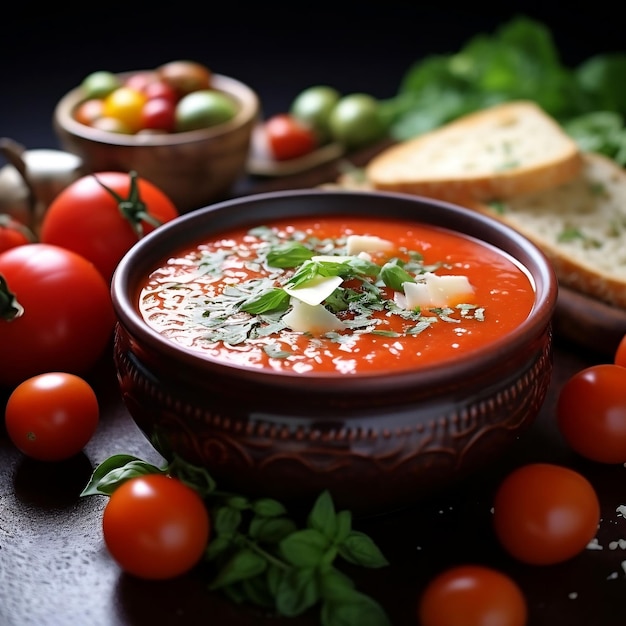 Tomatensoep met basilicum en parmezaanse kaas in kleikom op donkere achtergrond