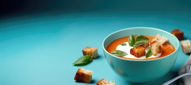 tomatensoep met basilicum en zure room en croutons