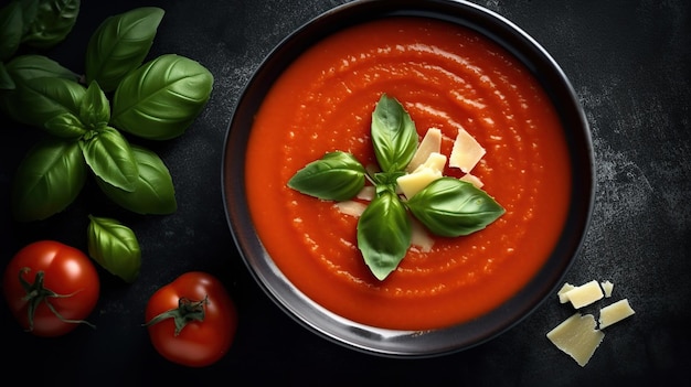 Tomatensoep met basilicum in een kom AI gegenereerd beeld