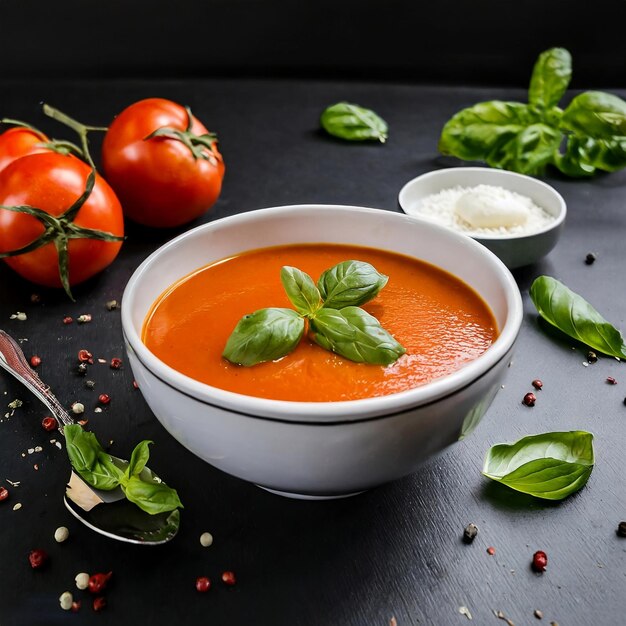 Foto tomatensoep met basilicum in een kom met zwarte achtergrond