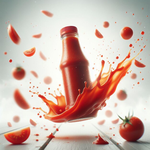 Tomatensous fles splash commerciële fotografie