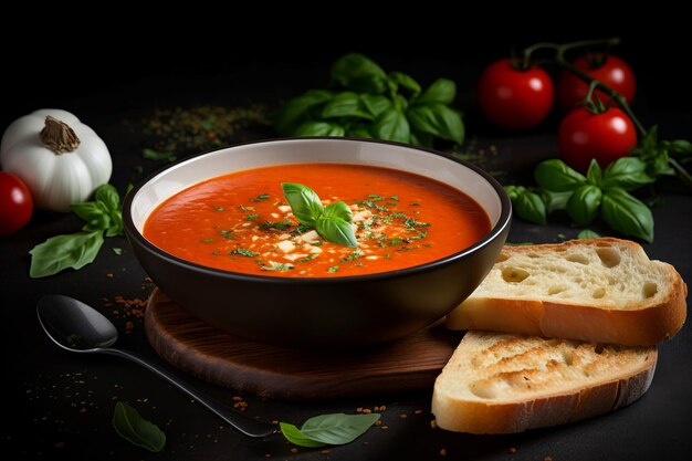 Tomato basil soup bowl Vegetarian creamy soup served with roasted broad Generate ai