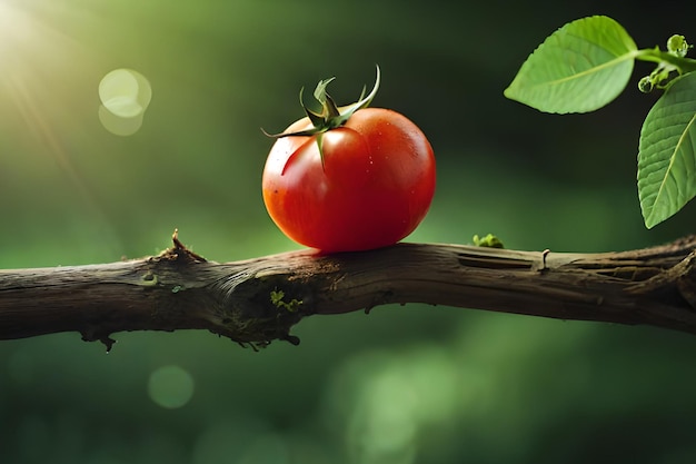 A tomato on a branch with a green background