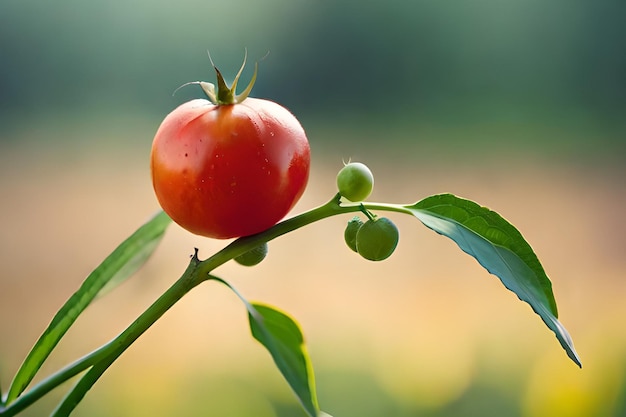 A tomato on a branch with green leaves and the word tomato on it.