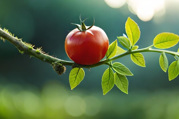 A tomato on a branch with green leaves and the word " tomato " on it.