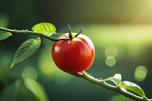 A tomato on a branch with green leaves