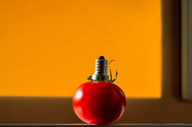 Foto un pomodoro coperto di una base a vite per lampadine su uno sfondo giallo