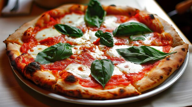 A tomato cheese and basil pizza displayed on a table