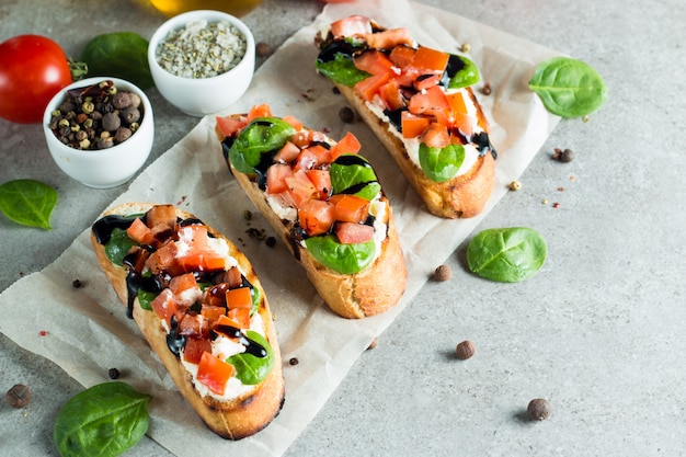 Tomato and cheese fresh made bruschetta. 