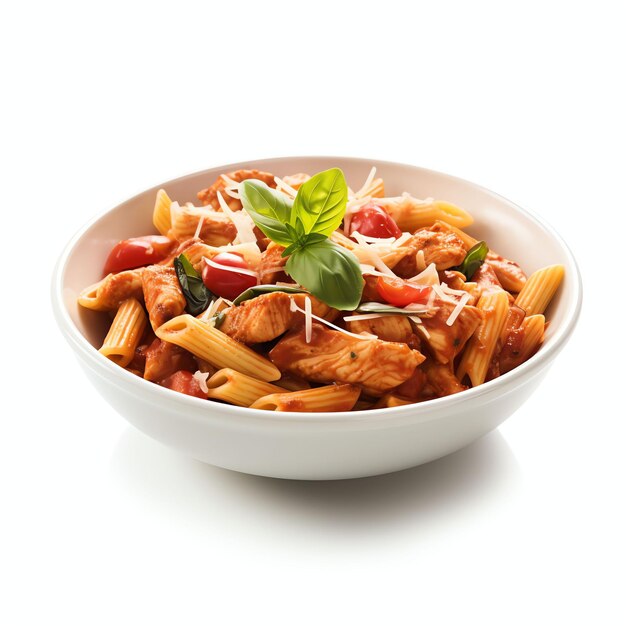 a tomato chicken pasta studio light isolated on white background