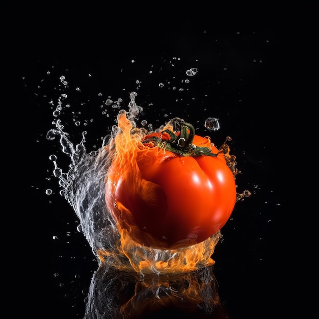 Pomodoro nello scontro di acqua e fuoco su sfondo nero