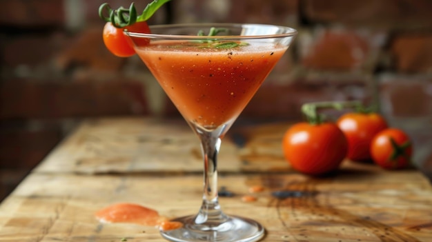 Tomato cocktail in martini glasses with a sprig of rosemary garnish