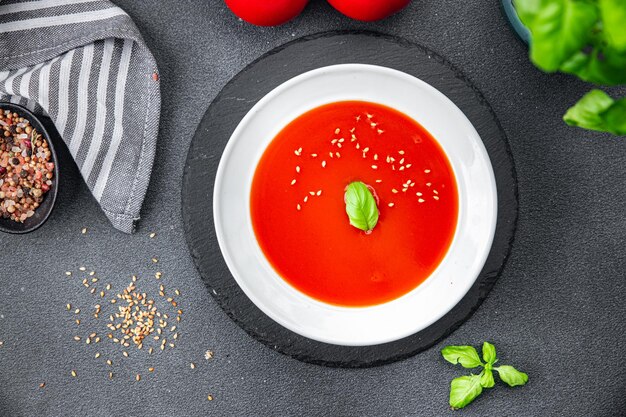 tomato cold soup gazpacho first course healthy meal food snack on the table copy space food