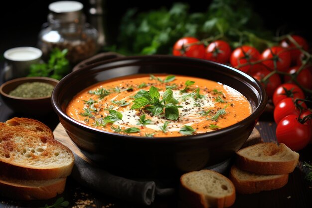 Tomato cream soup with cream and herbs in a bowl