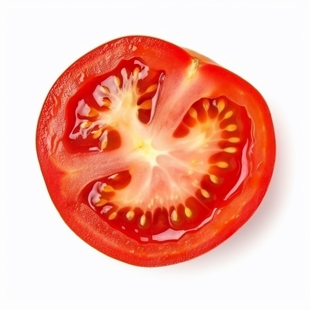 A tomato cut in half with the seeds in the center.