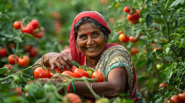 トマト畑でインド人女性がトマトを収しています