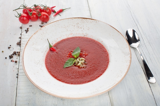 Tomato gazpacho soup with pepper and garlic