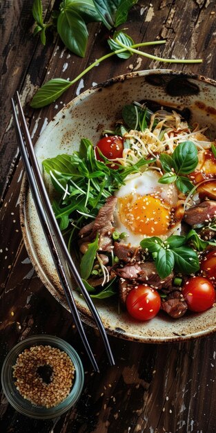 Photo tomato gyudon with chopsticks delicious japanese beef bowl on up high view for salad or meal