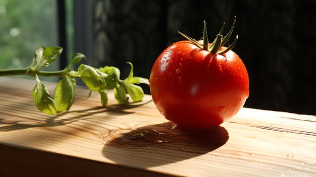 Foto raccolta di pomodori e tavolo di legno vuoto con sfondo rurale ia generativa