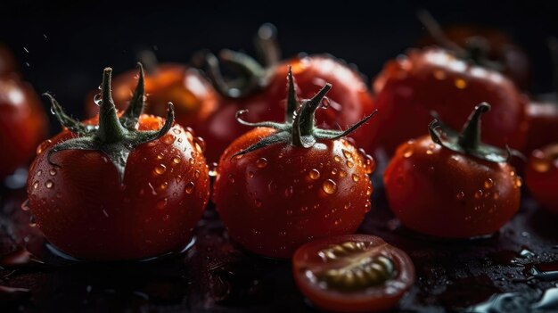 Tomato hit by splashes of water with black blur background