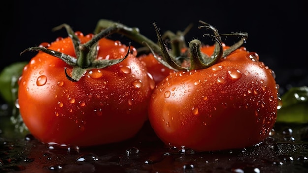 검은색 흐릿한 배경으로 물이 튀는 토마토