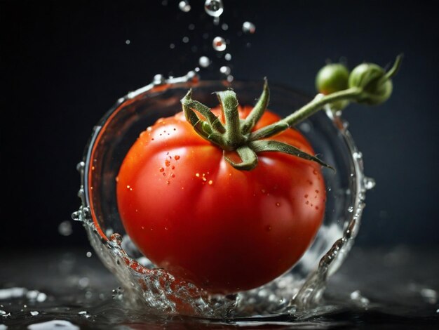 a tomato is being splashed in a bowl of water