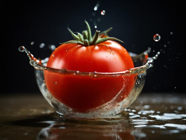 a tomato is in a glass bowl with water drops