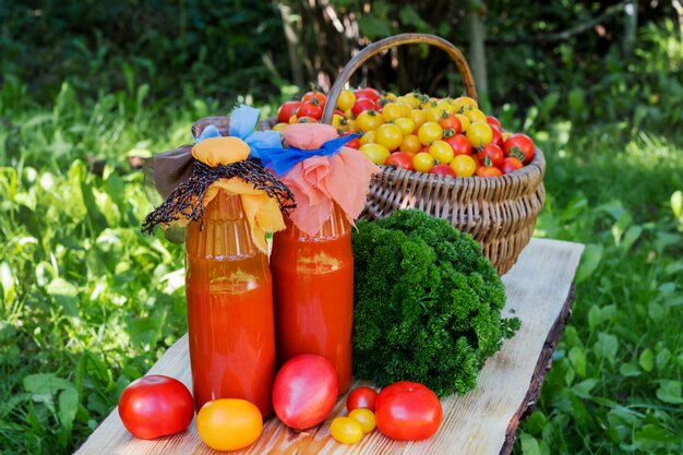 Tomato juice in a bottle.