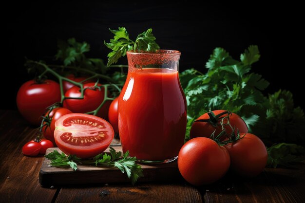 Tomato juice in a clear glass on a dark wooden table