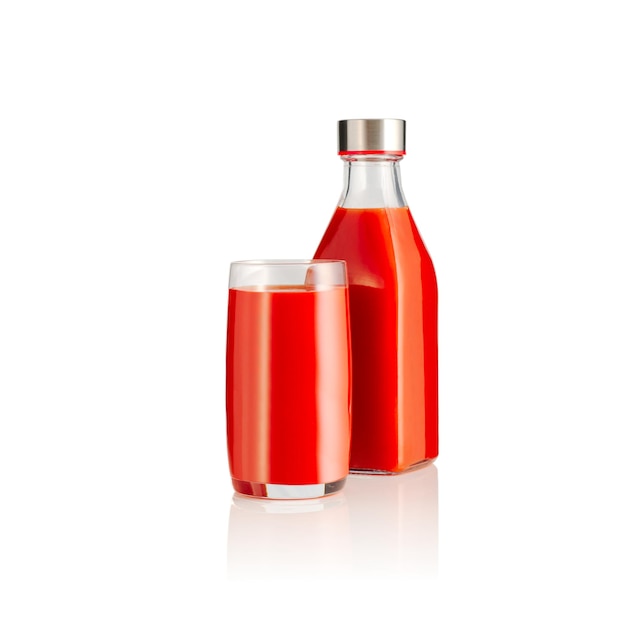 Tomato juice in glass and bottle isolated on white