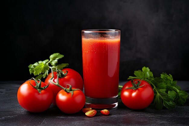 Tomato juice in a glass decorated with tomatoes on a gray background