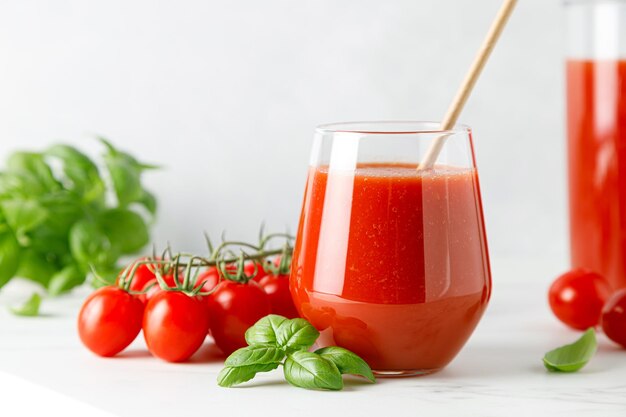 Tomato juice in a glass and fresh tomatoes