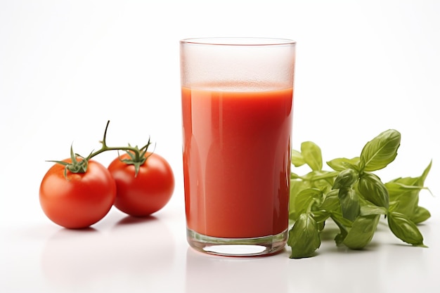 Foto succo di pomodoro in vetro isolato su bianco