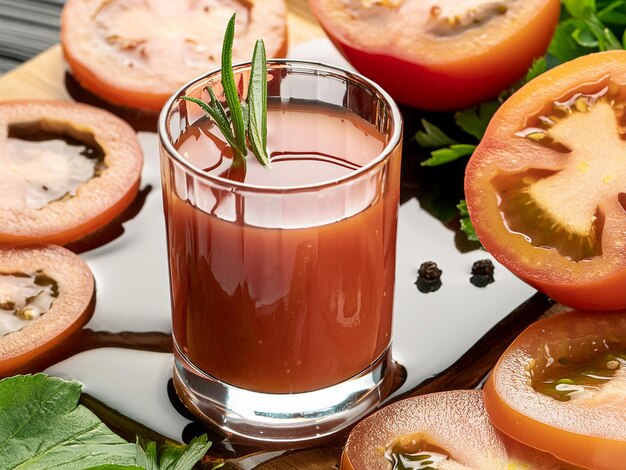 Foto succo di pomodoro in un bicchiere sul tavolo accanto alle fette di pomodori