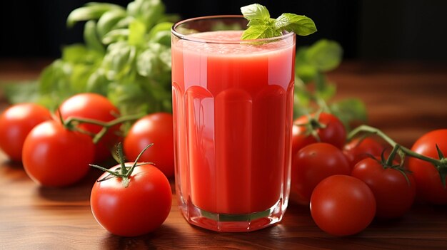 Tomato juice in a glass with tomato on a white table