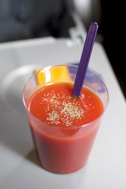 Tomato juice served in airplane