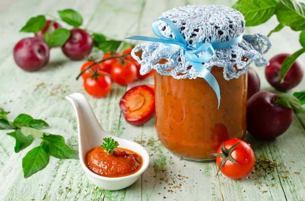 Tomato ketchup sauce with garlic, spices and plums