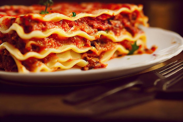 パスタの葉とパルメザン チーズを皿に盛り付けたトマト肉のイタリアン ラザニア