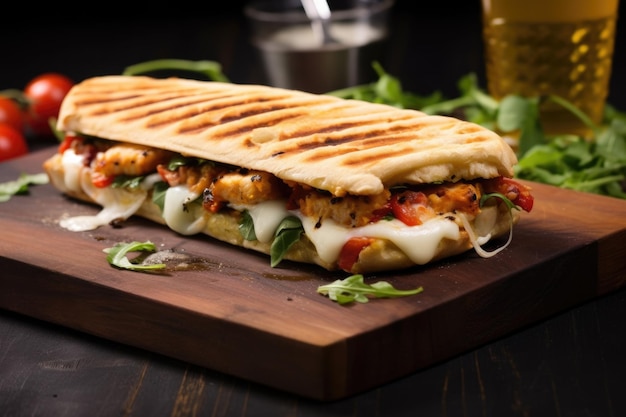 Tomato and mozzarella panini on a large slate board