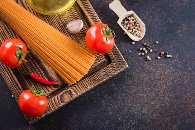 Tomato Pasta Ingredients. Cherry tomatoes, Spaghetti Pasta, Red Pepper, Garlic and Pepper Balls 