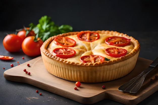 A tomato pie with a knife and fork on a wooden board.