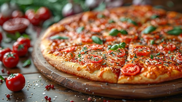 Tomato pizza on a dark wood background tinting selective focus