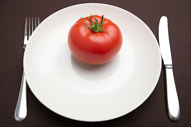 A tomato on a plate with a fork and knife